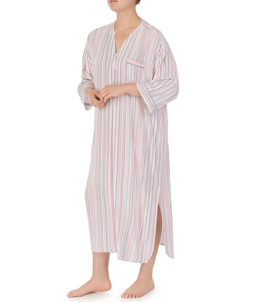 Donna Karan Plus Striped Print Woven Split V-Neck Long Sleepshirt