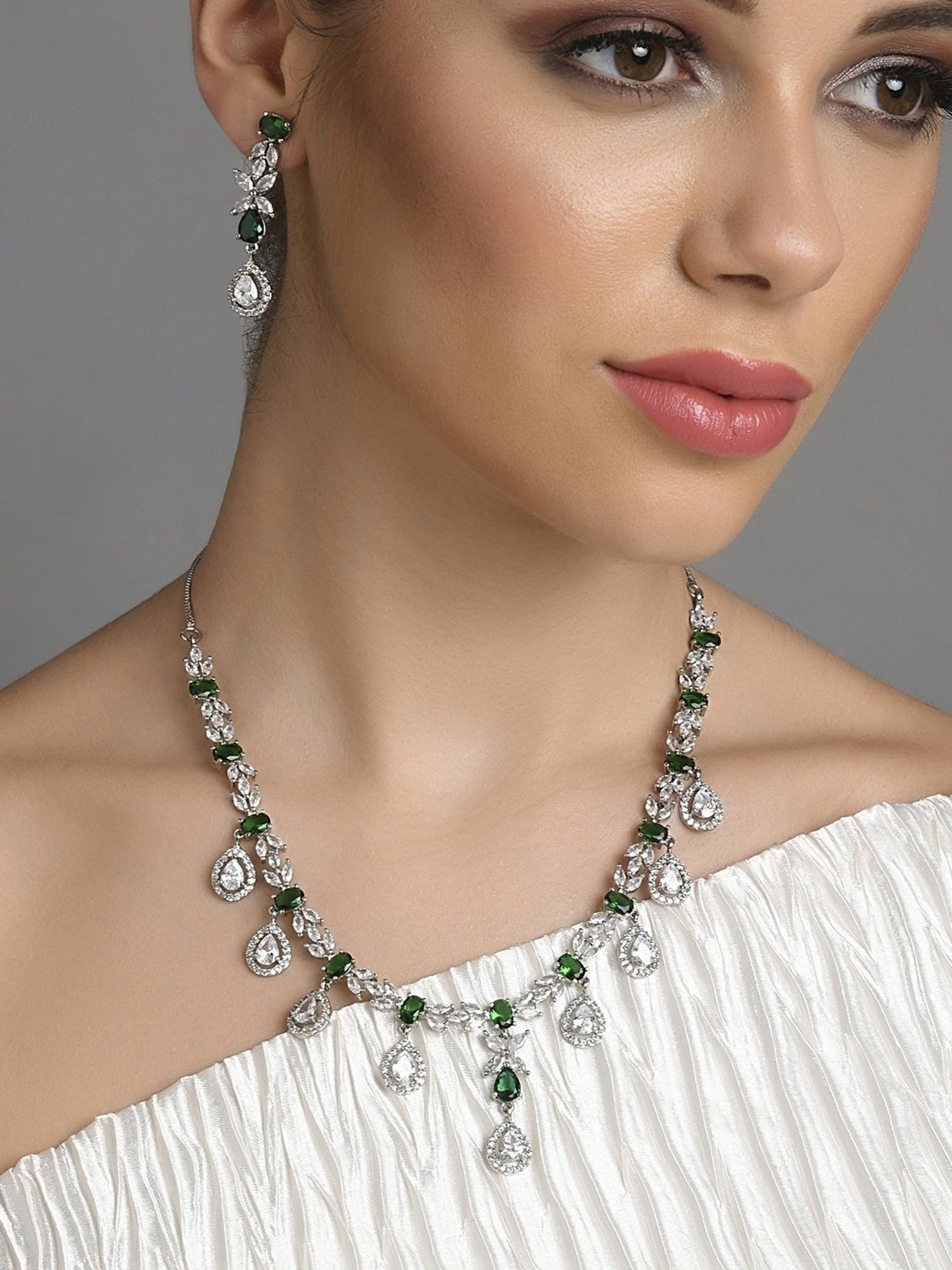 Fida Silver-Plated Green & White Necklace Set for Women