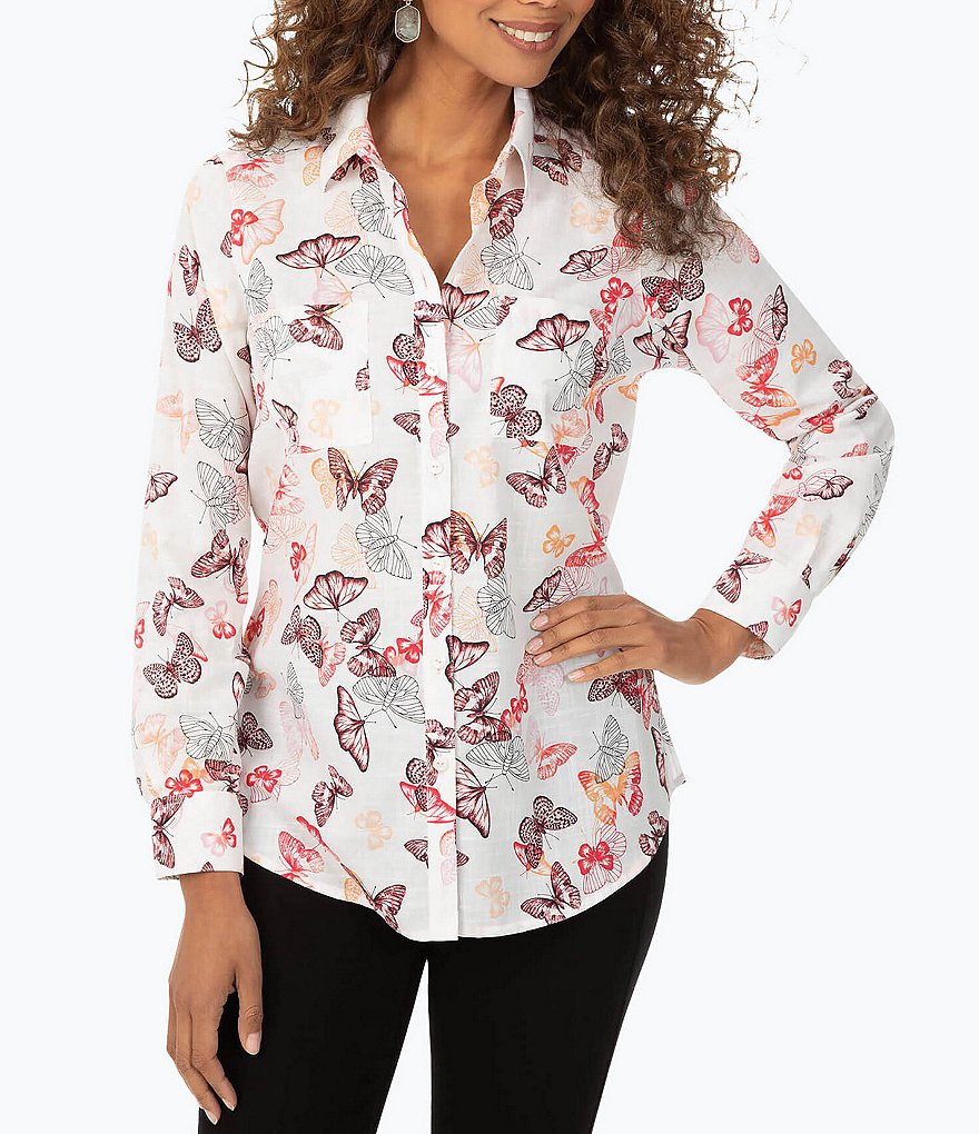 Foxcroft Zoey Butterfly Print Long Sleeve Shirt
