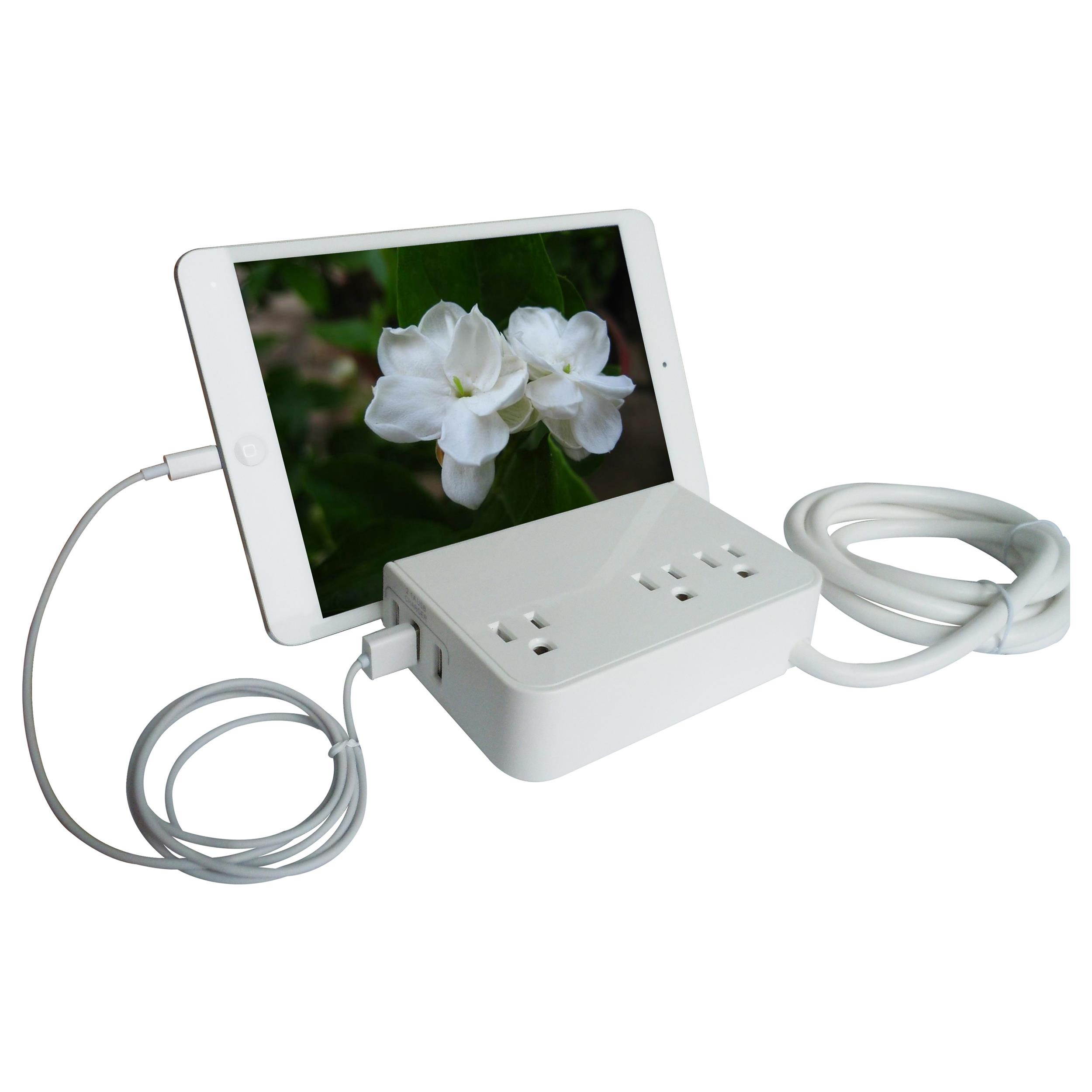 RND Desktop Charging Station with 3 AC Plugs and 3 USB ports Surge Protector for iPhone, Samsung Galaxy, and more, with a slot for iPads and Tablets.