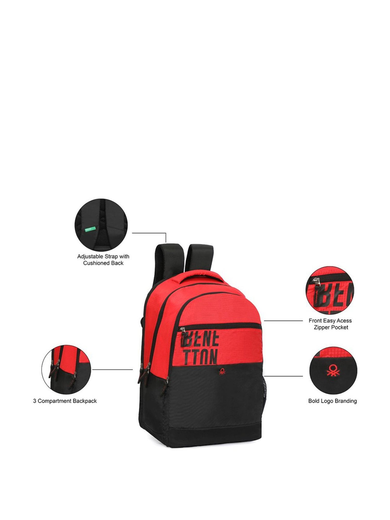 United Colors of Benetton Provence 21 Ltrs Red & Black Medium Backpack