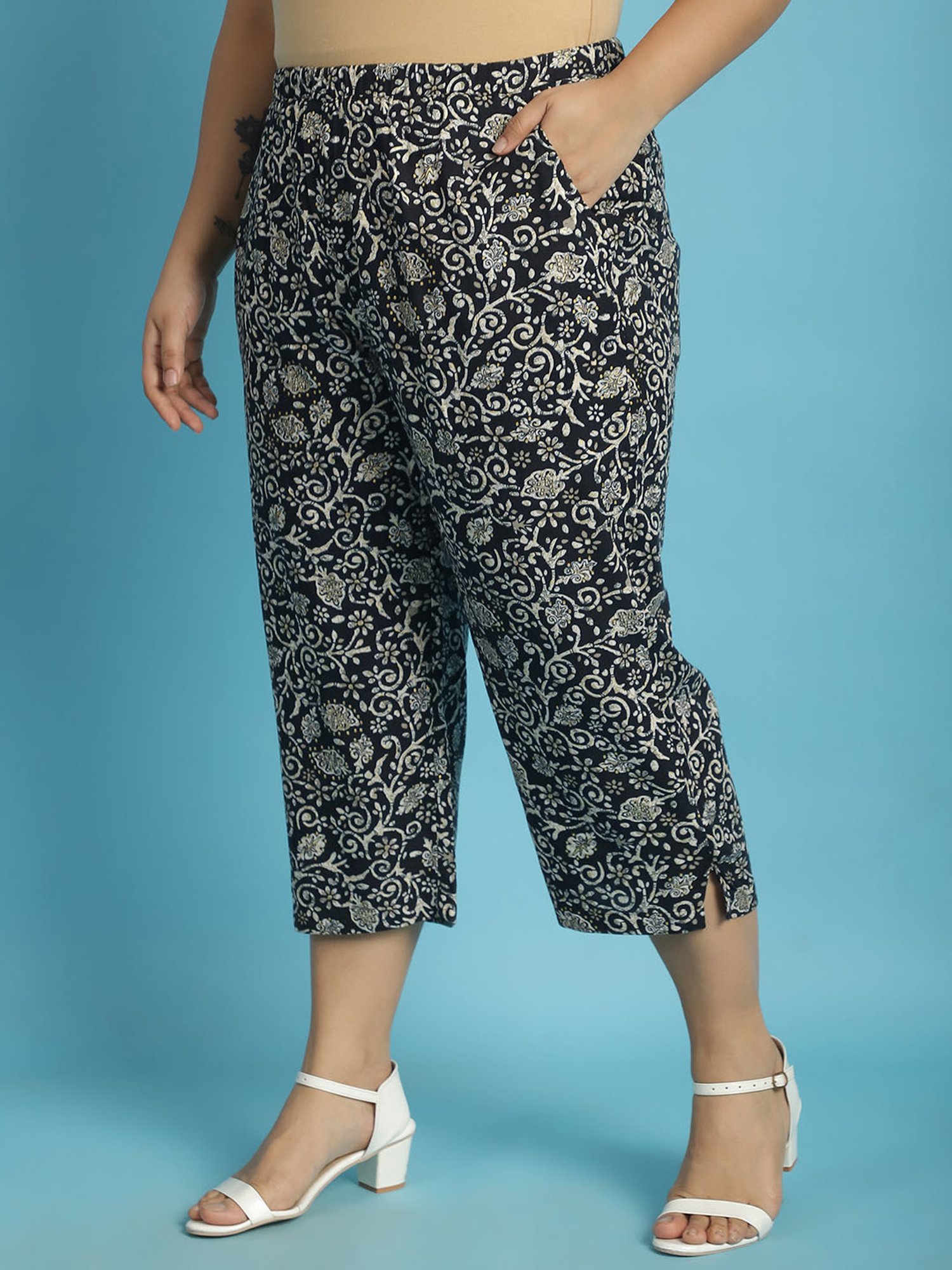 theRebelinme Black Floral Print High Rise Capris