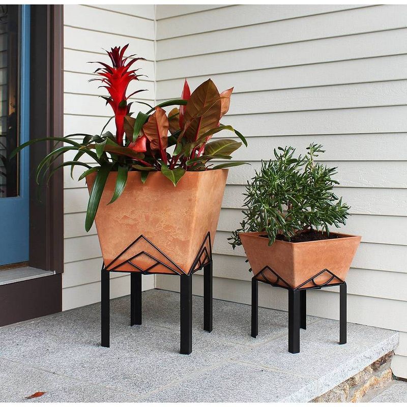 12.25" Small Modern Geometric Marion Wood Stone and Iron Planter with Stand Terra Cotta Finish - Achla Designs