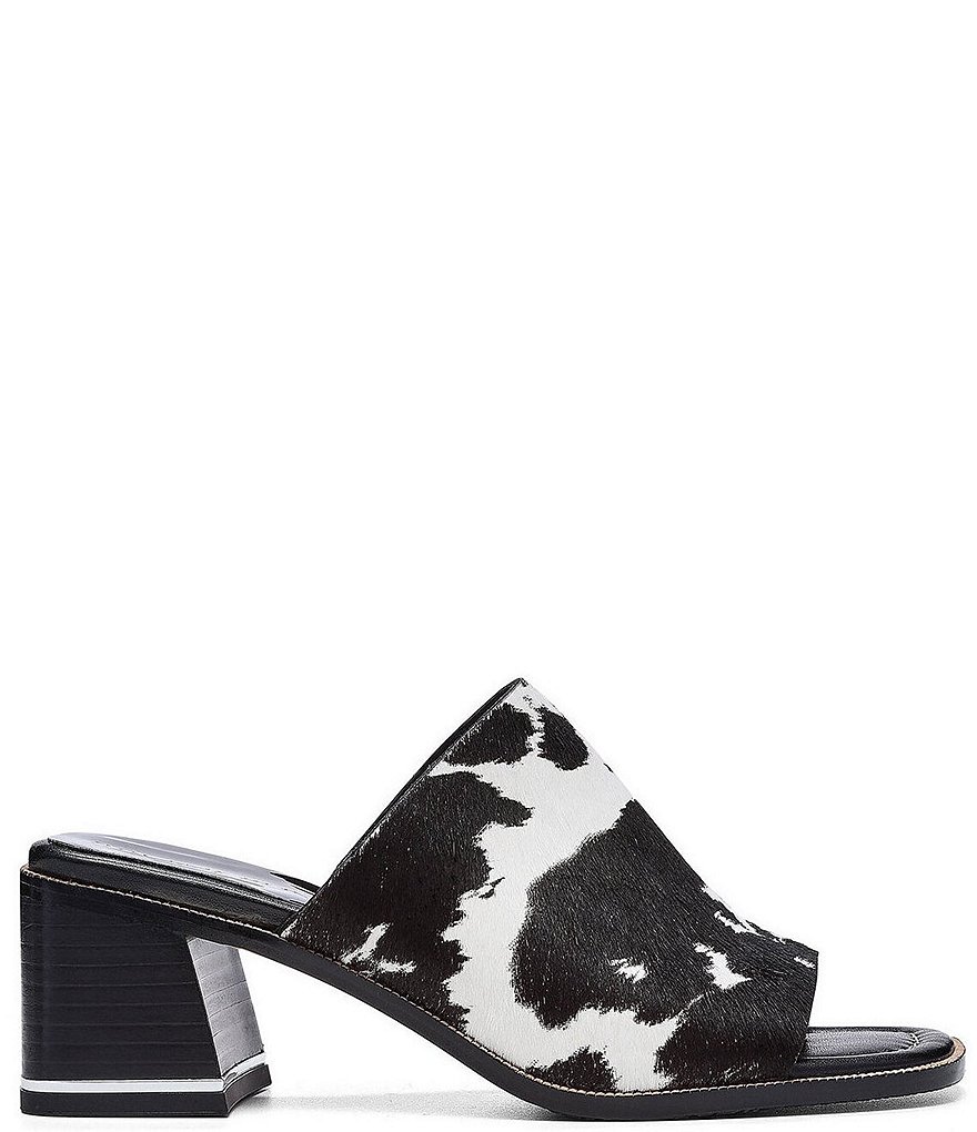 Donald Pliner Hazee Cow Print Calf Hair Block Heel Toe Post Mules