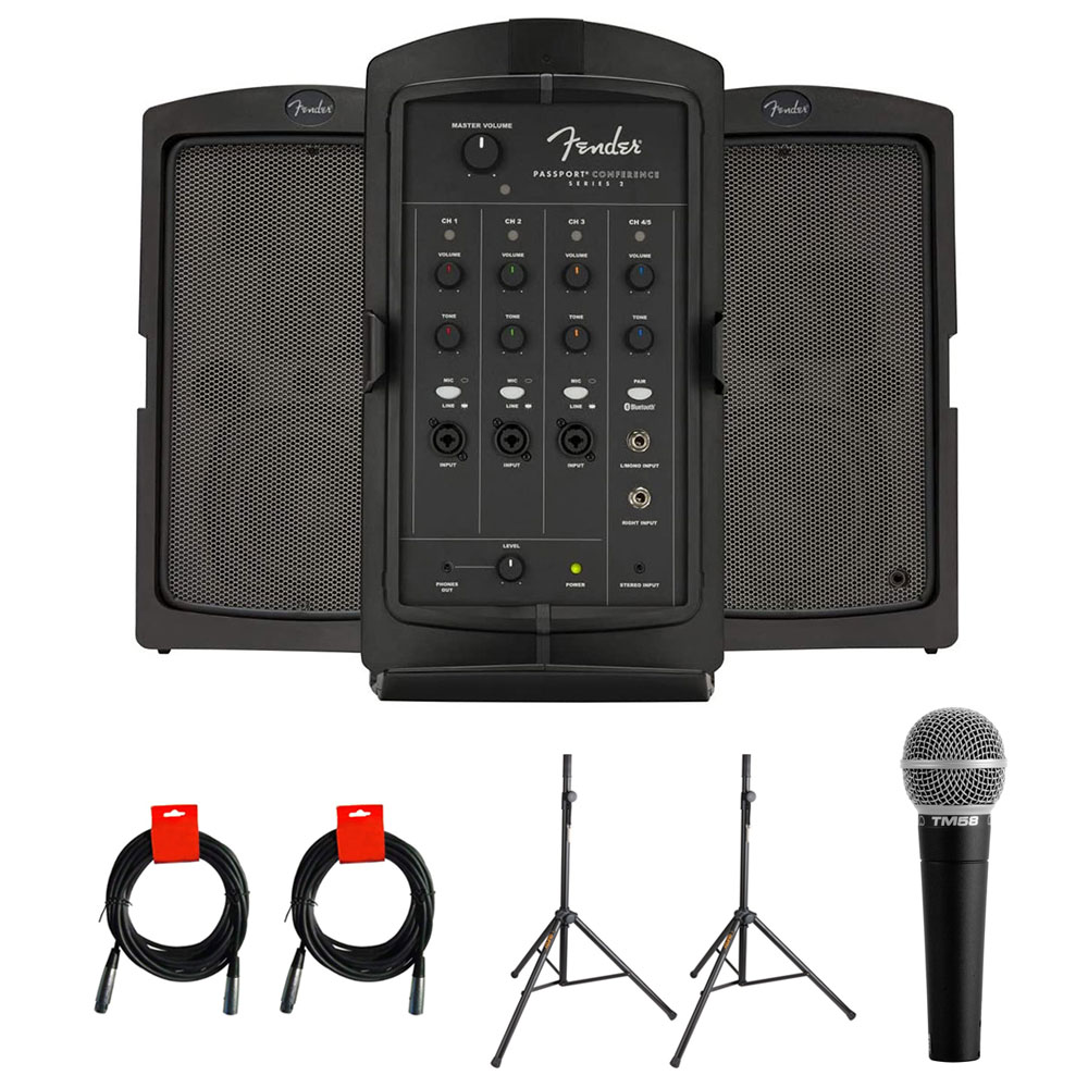 Fender Passport Conference Series 2 Portable Powered PA System with Vocal Microphone, 2x Speaker Stand & 2x XLR Cable Bundle