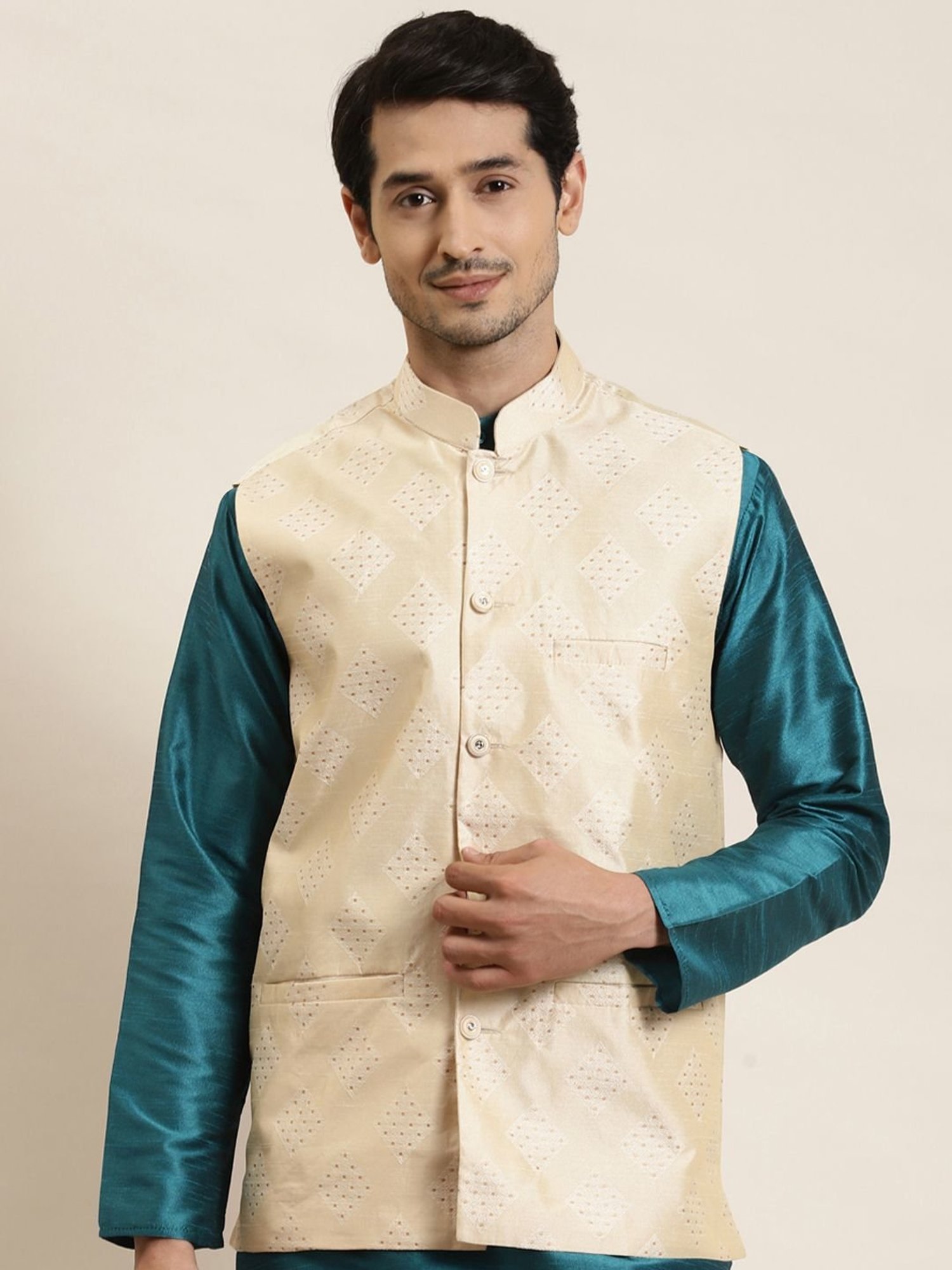Sojanya Beige Regular Fit Self Pattern Nehru Jacket
