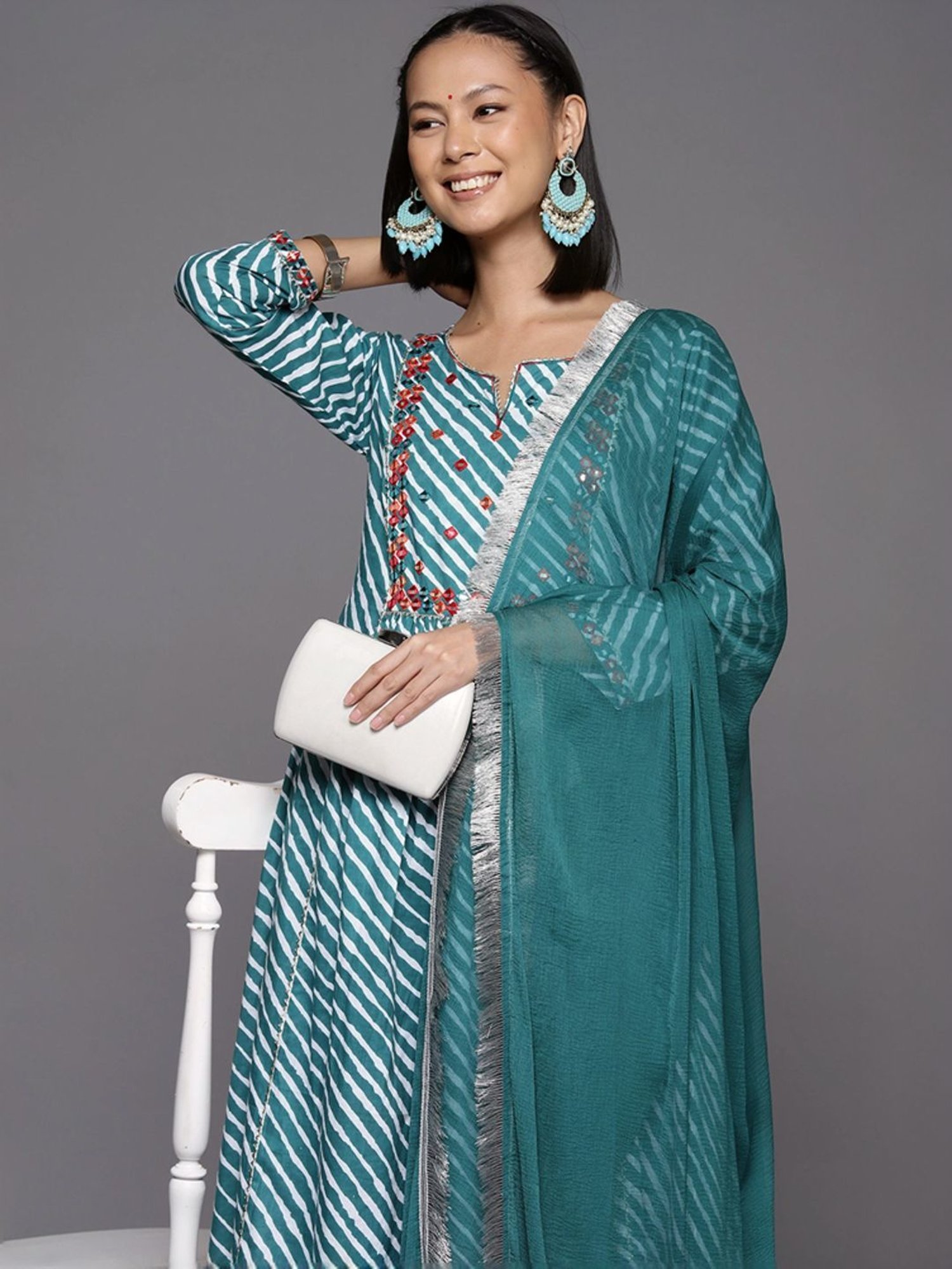 Varanga Turquoise Cotton Striped Kurta Palazzo Set With Dupatta