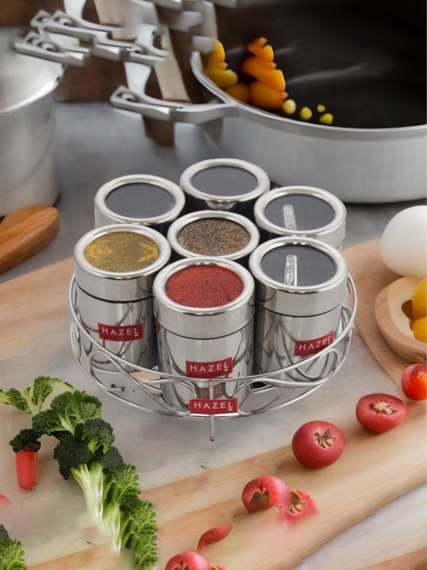 HAZEL Silver Stainless Steel Classic 7 in 1 Masala & Dry Fruit Container Stand with Lid (0.125L)