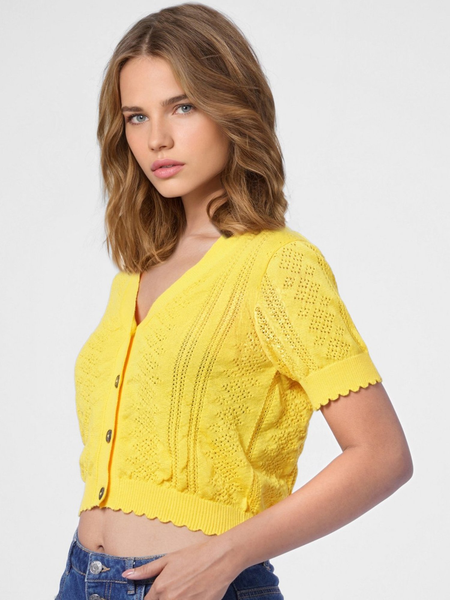 Only Yellow V Neck Crop Cardigan