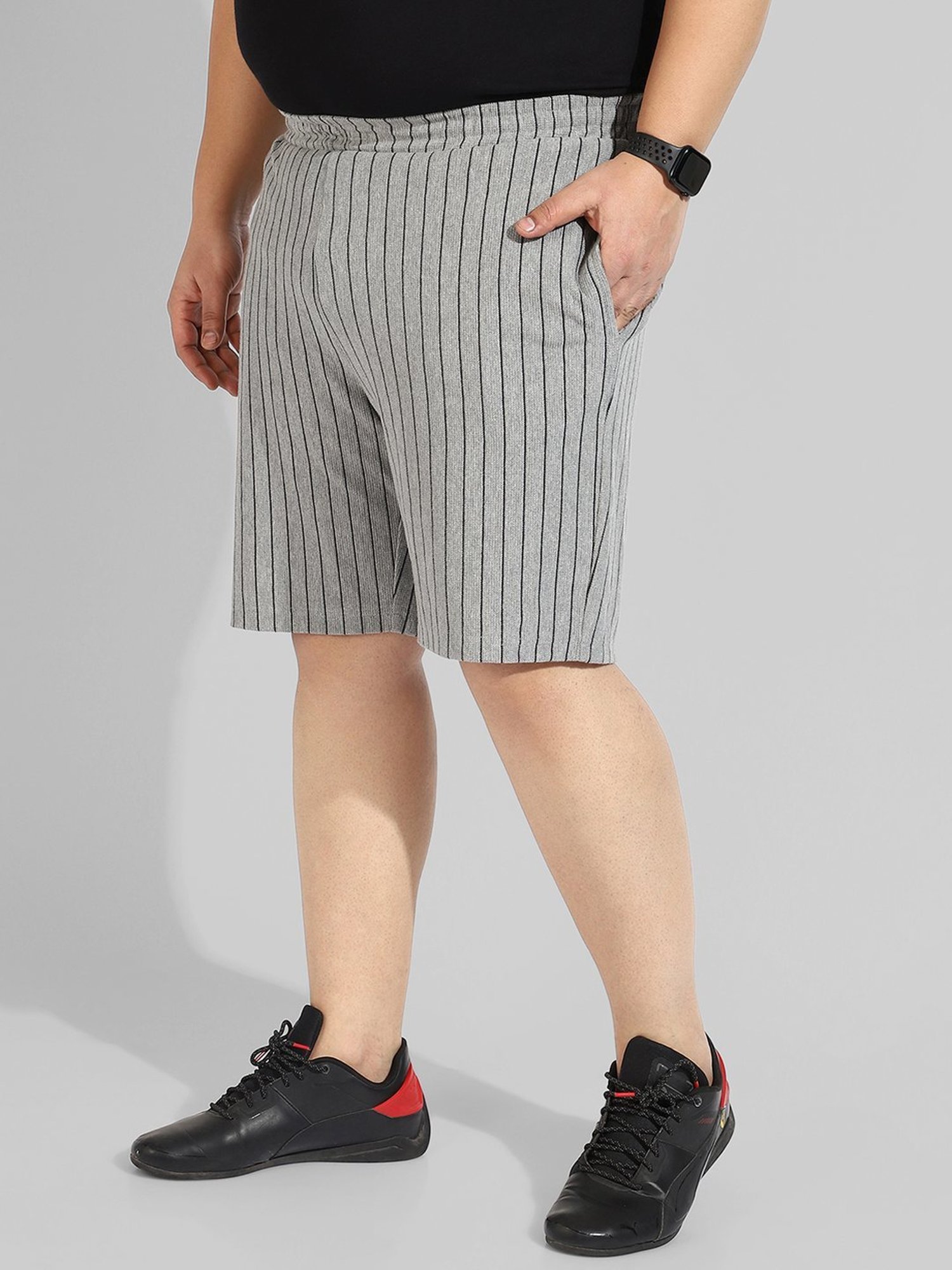 Instafab Plus Grey Cotton Regular fit Striped Plus Size Shorts
