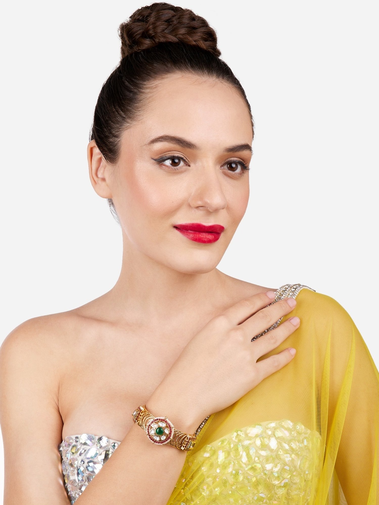 Zaveri Pearls Pink Green Stones & Kundan Embellished Flexible Ethnic Bangle Style Kada-ZPFK17133