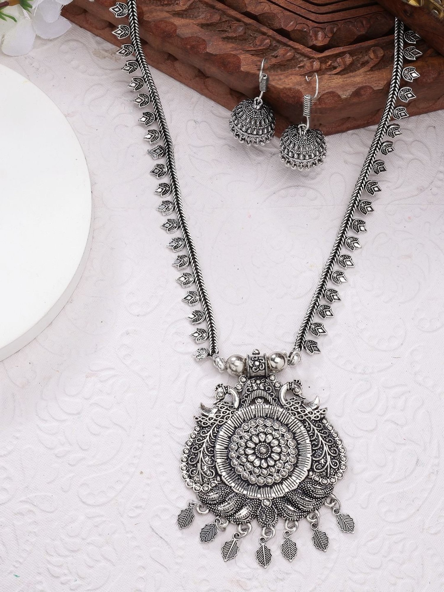 NVR Women Silver-Toned Peacock Design Oxidized Necklace with Jhumki Earrings