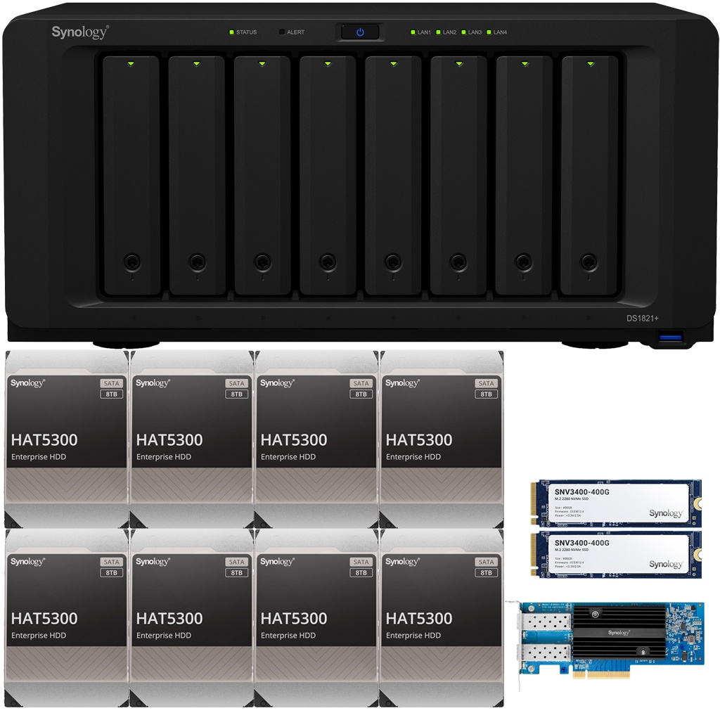 Synology DS1821+ DiskStation with 32GB RAM, 800GB (2x400GB) Cache, an E25G21-F2 25GbE Card and 128TB (8 x 16TB) of Synology Enterprise HAT5300 Drives Fully Assembled and Tested By CustomTechSales