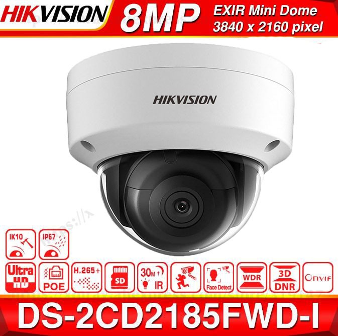 Hikvision English version DS-2CD2185FWD-I 8MP Network mini dome security CCTV Camera POE SD card 30m IR H.265+ IP camera IK10 IP67, (8MP, 4.0mm fixed lens, 1 Pcs)