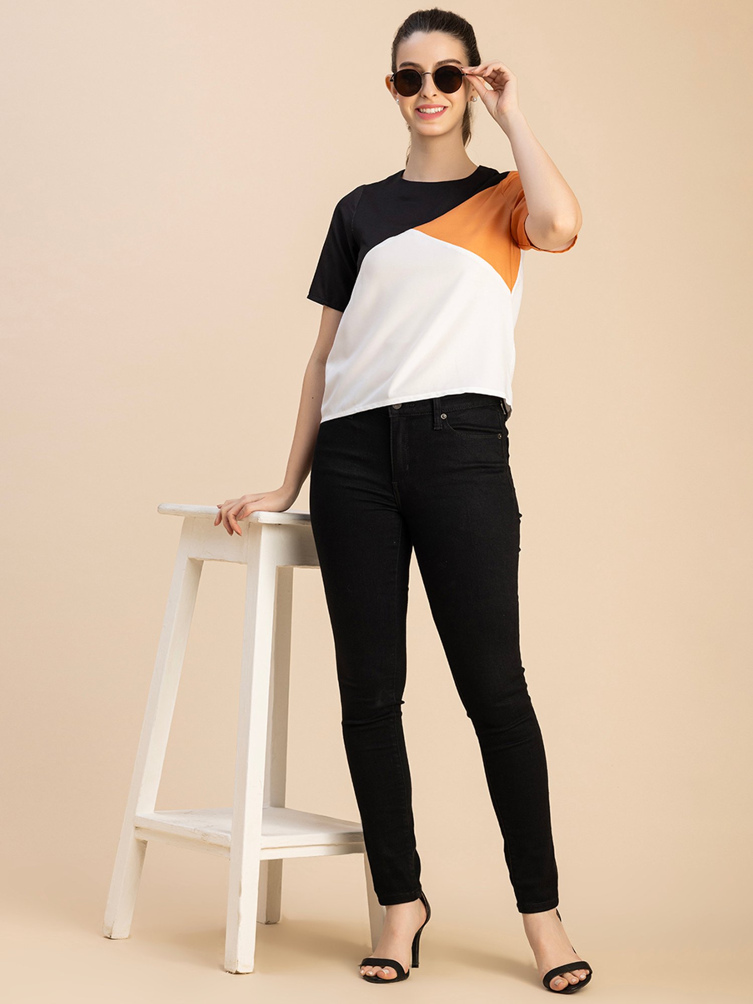Moomaya Black & Orange Color-Block Top