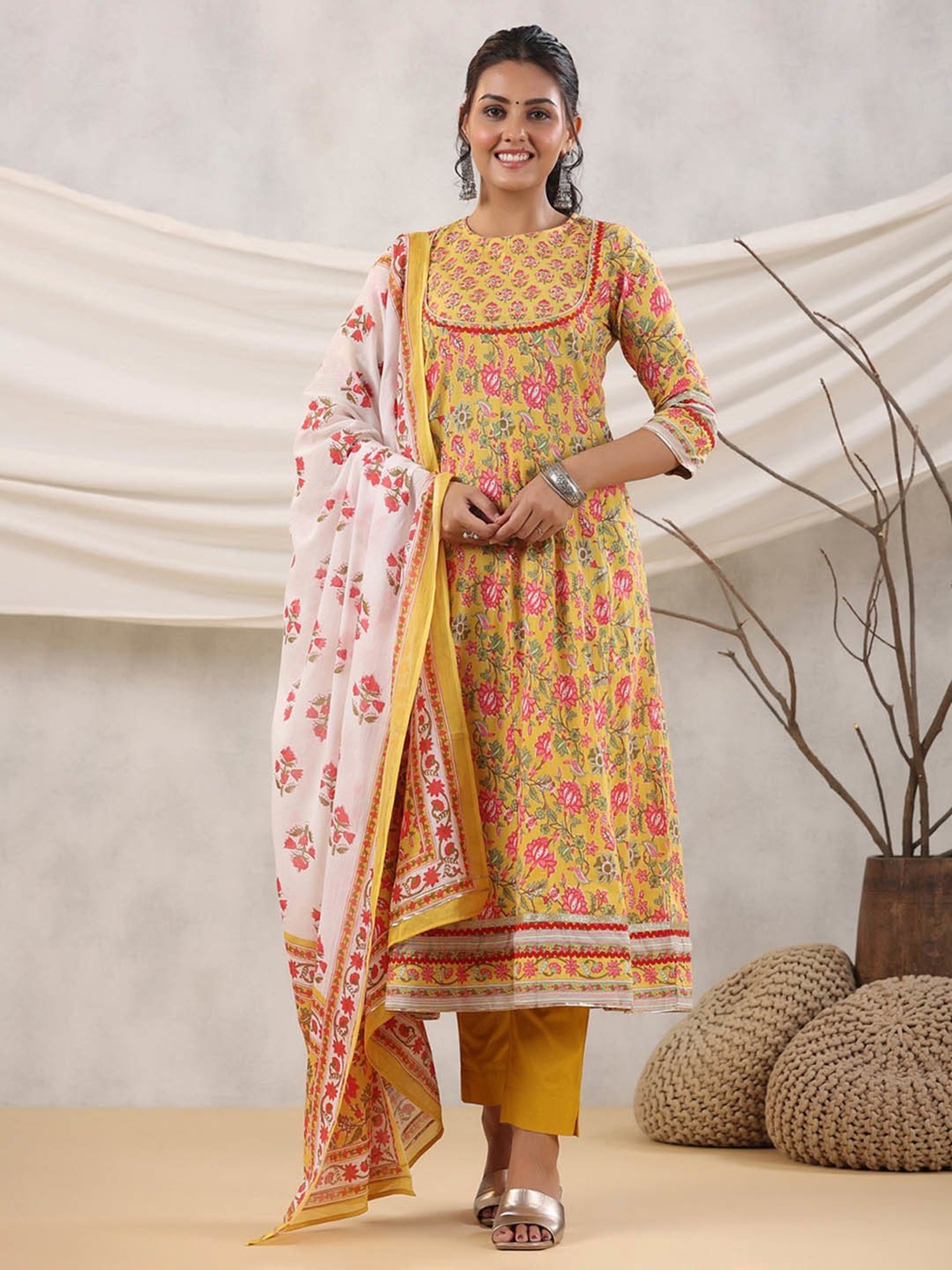 Rain and Rainbow Mustard Cotton Floral Print Anarkali Kurta With Pant & Dupatta