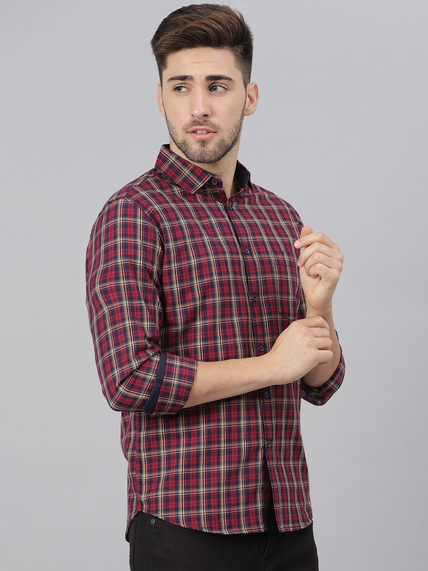 Dennis Lingo Red Cotton Slim Fit Checks Shirt