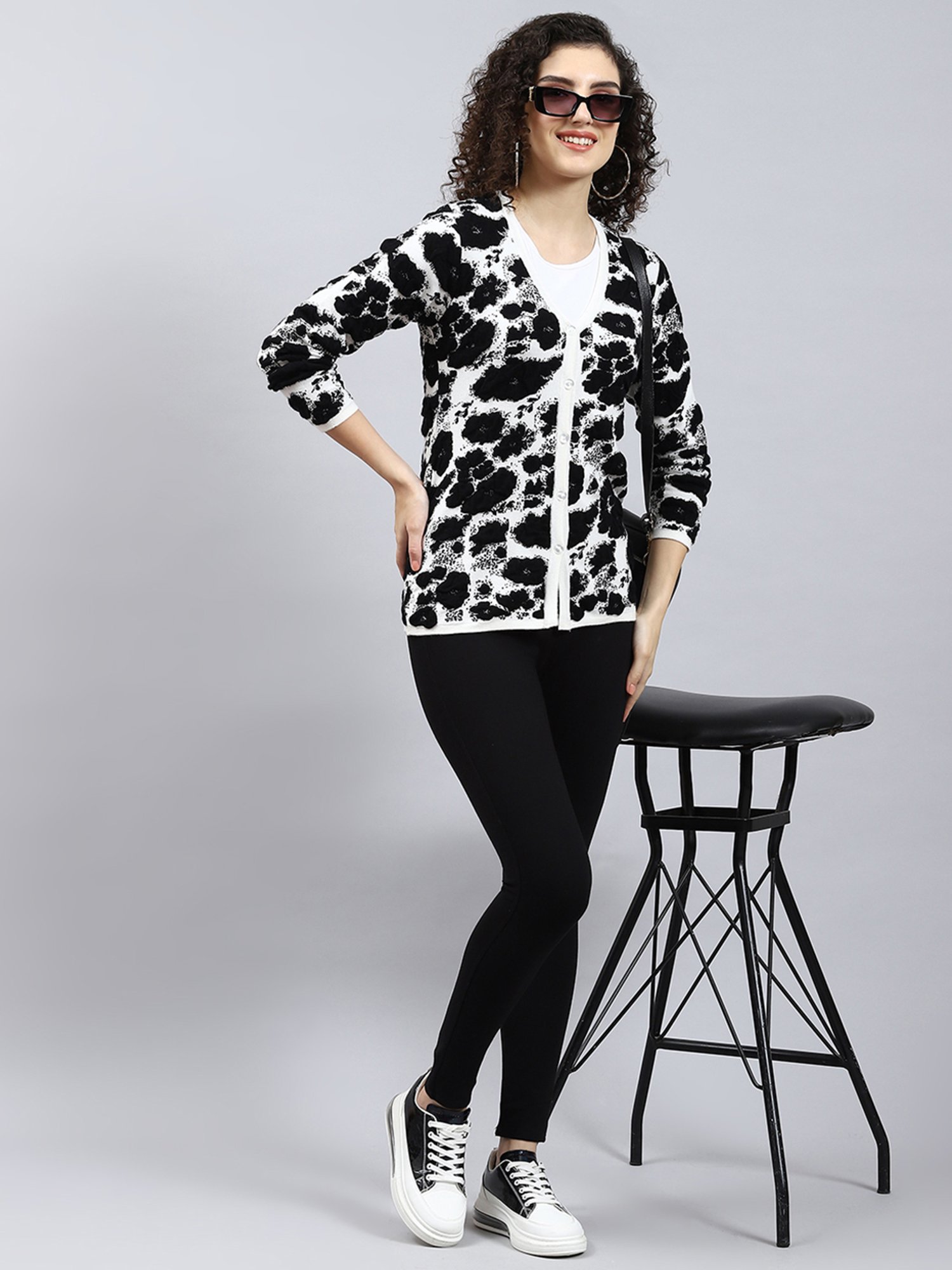 Monte Carlo White & Black Printed Cardigan