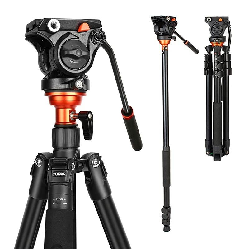Fluid Head Tripod,  Video Camera Tripod Monopod Aluminium Alloy 70.8 inch for Canon Nikon Sony DSLR Camera