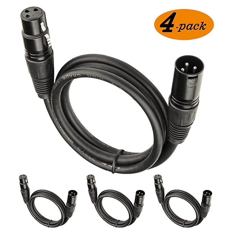 6 Ft XLR Microphone Cable 4 Pack DMX Cables for Stage Lighting XLR Male to Femlae Balanced 3 Pin Black