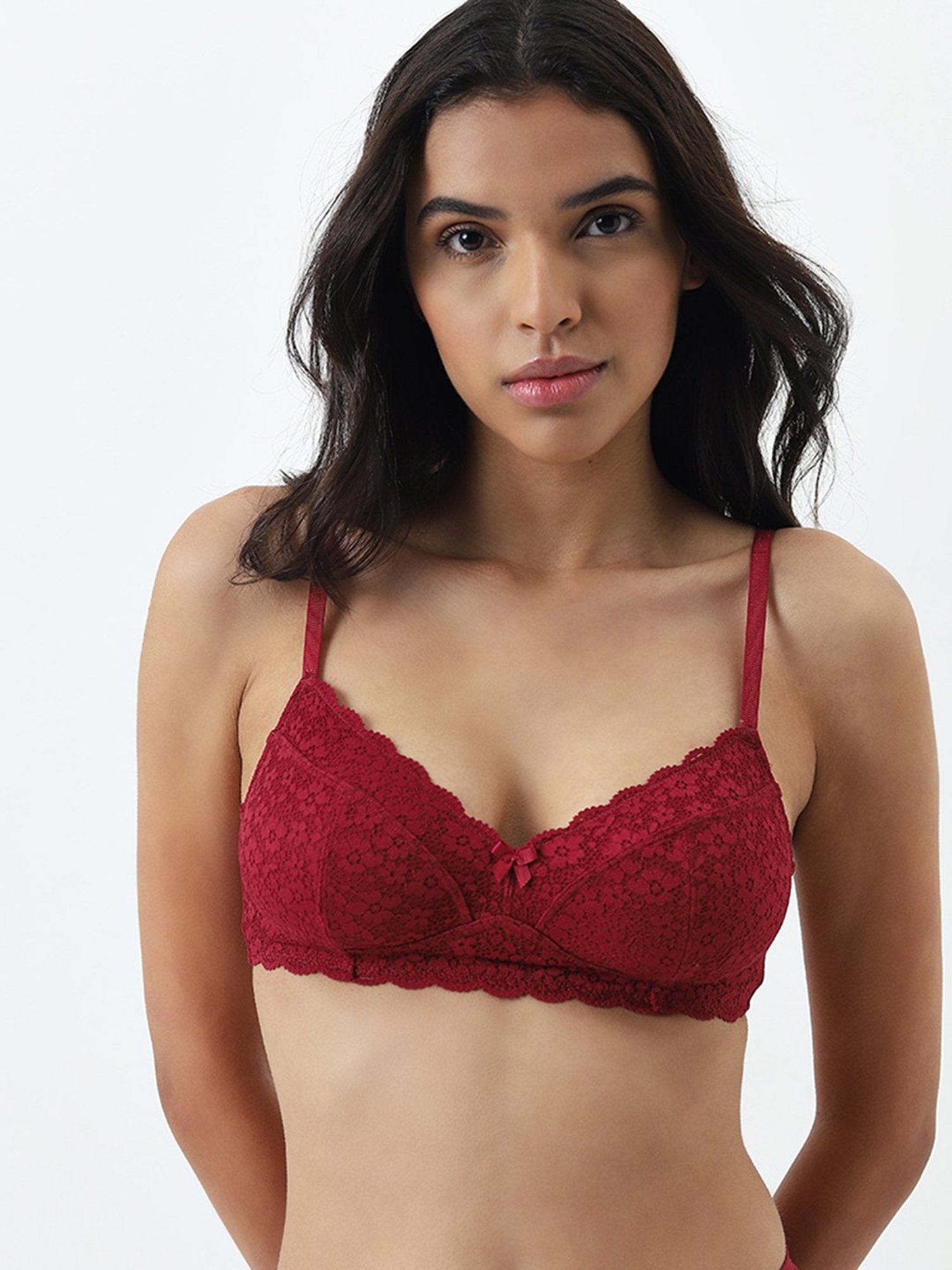 Wunderlove by Westside Maroon Lace Design Soft Bra
