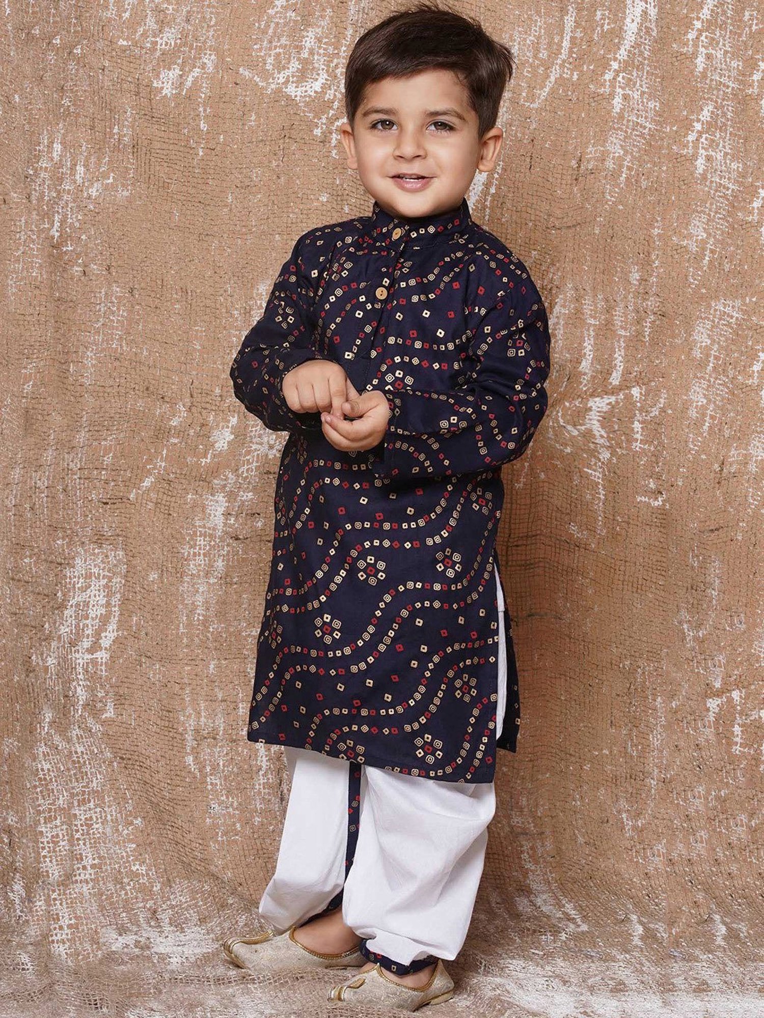 AJ Dezines Kids Navy & White Printed Full Sleeves Kurta with Dhoti