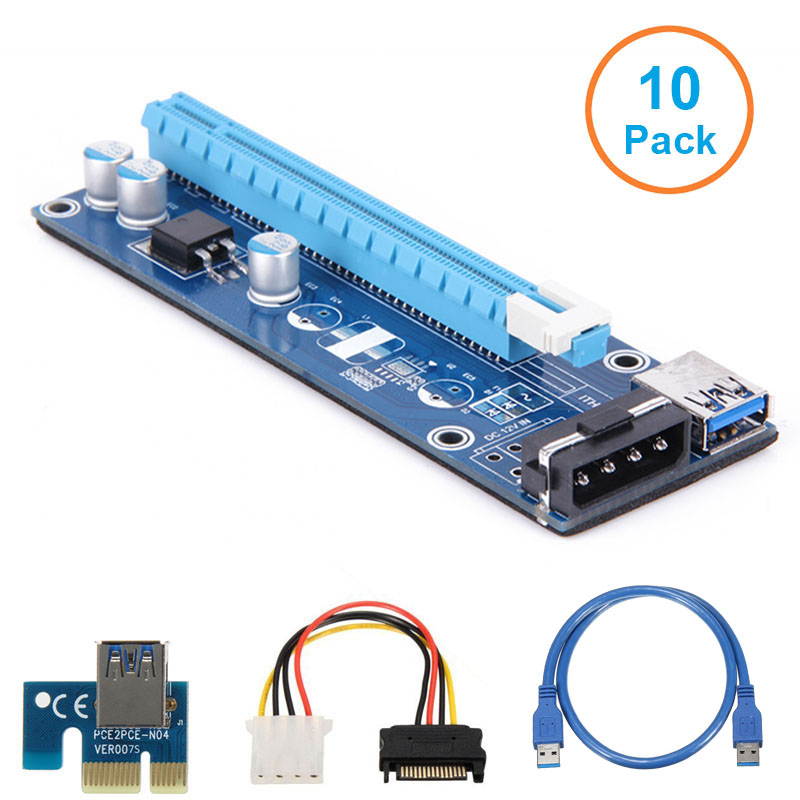10-Pack ITHOO Molex 4pin Powered PCI-E PCI Express Extender Riser Cable- VER 006S Raiser Card- 1X to 16X PCIE USB 3.0 Adapter Card w/ 2ft USB Extension Cable - GPU Graphic Card Crypto Currency Mining