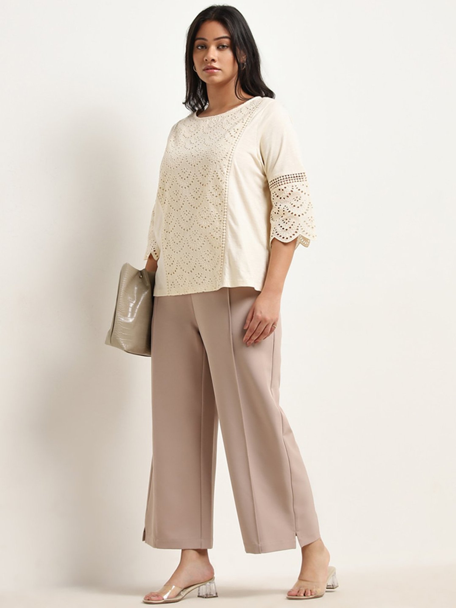 Gia by Westside Beige Schiffli Design Cotton Top