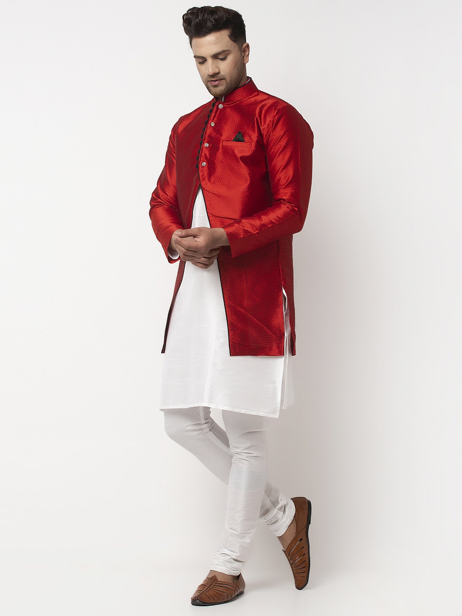 Benstoke White & Red Regular Fit Self Pattern Kurta Set With Jacket