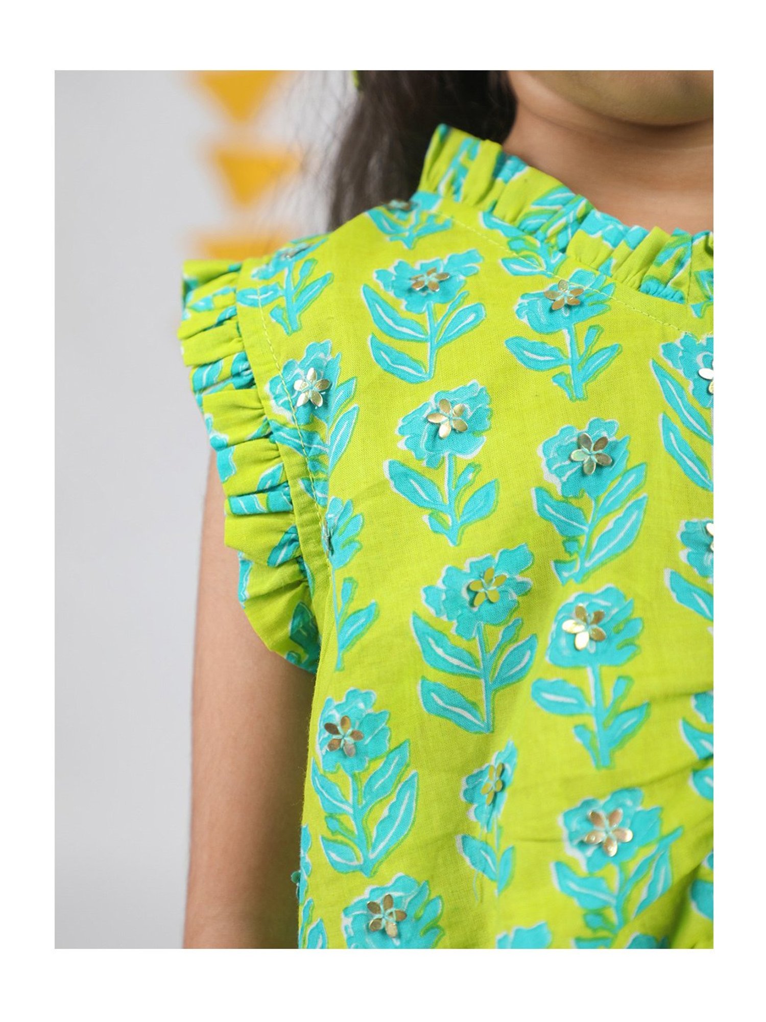 Budding Bees Kids Mint Green Printed Top, Trousers with Scrunchie