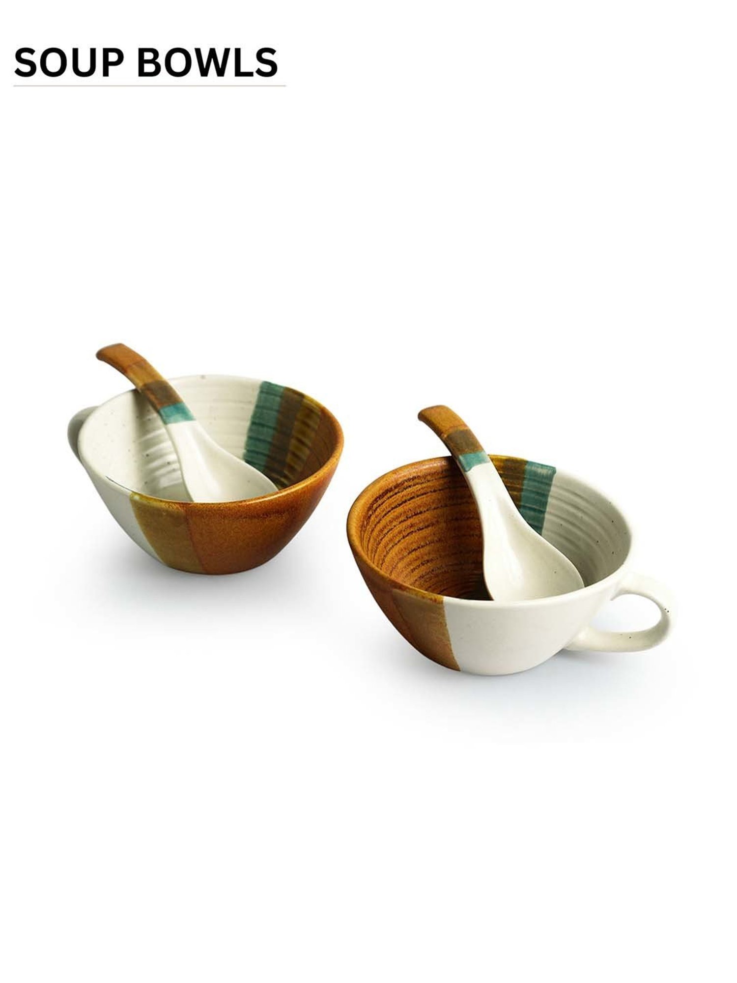 ExclusiveLane Zen Garden Brown & Green Ceramic Hand Glazed Soup Bowl With Spoon (0.22 L) - Set of 2