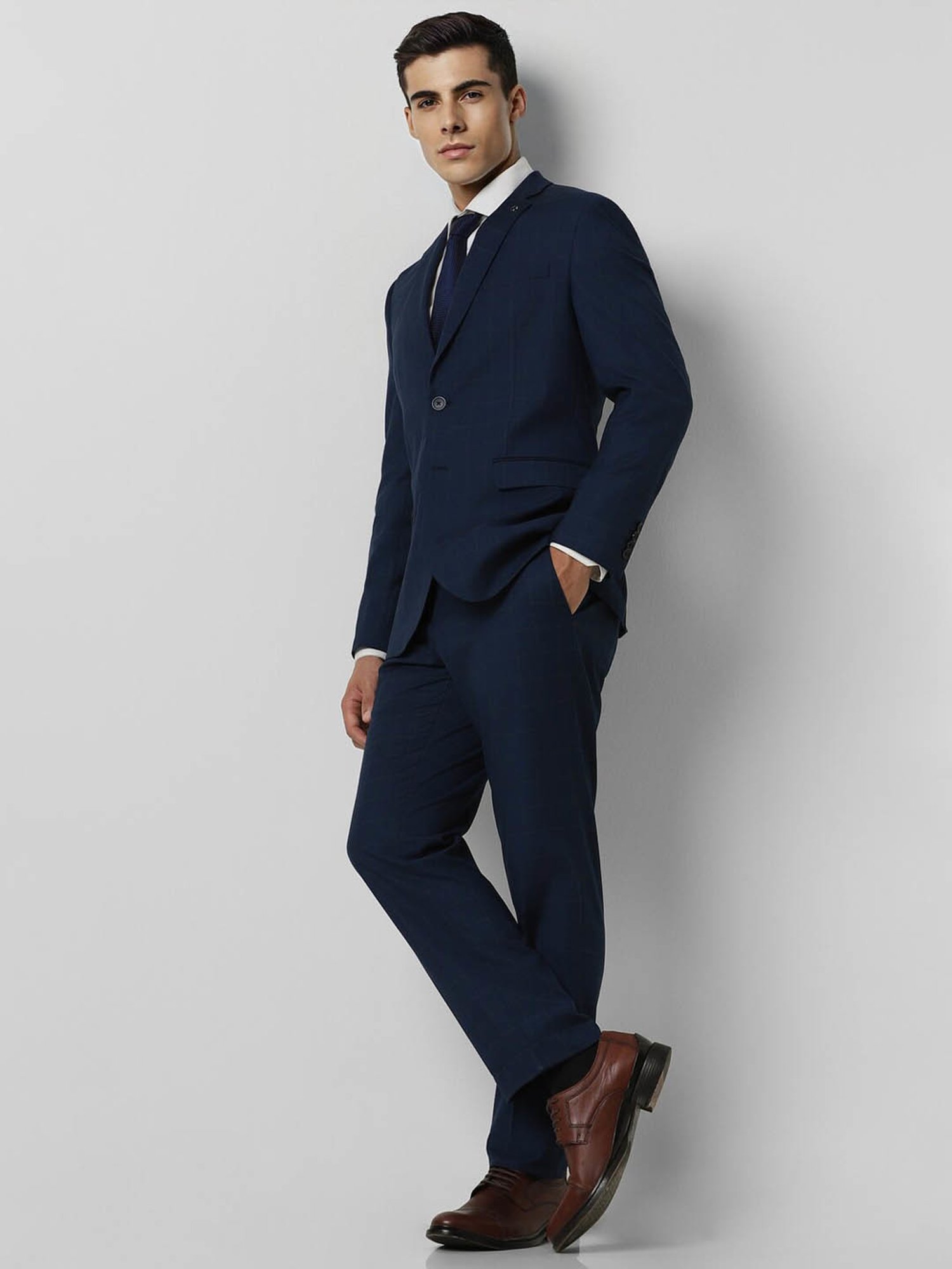 Van Heusen Navy Blue Slim Fit Checks Two Piece Suit