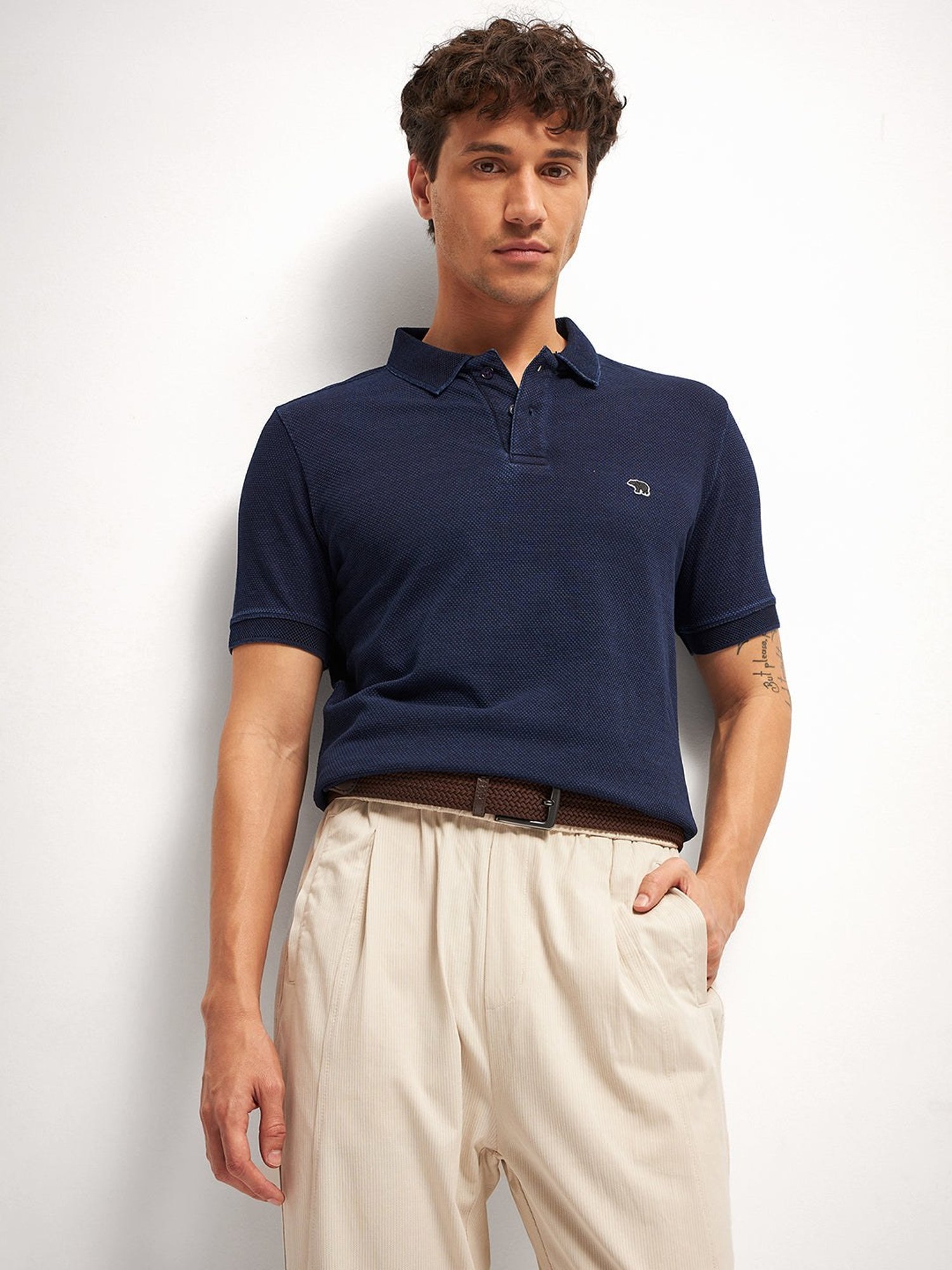 The Bear House Blue Cotton Regular Fit Self Pattern Polo T-Shirt