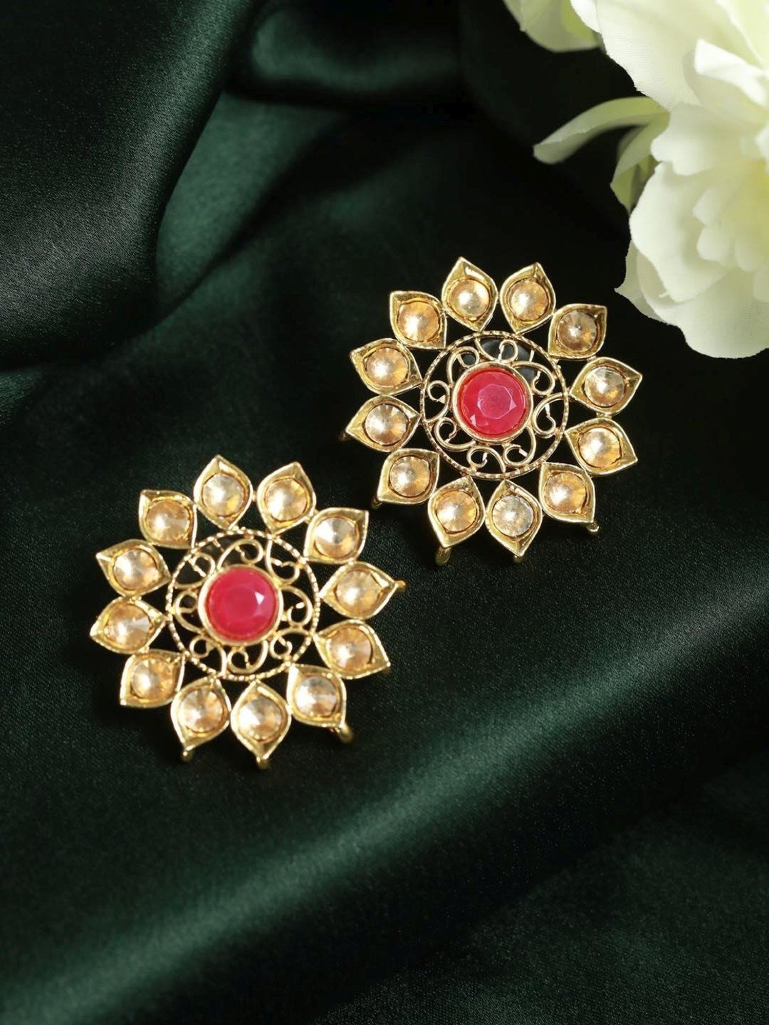 Priyaasi Floral Pink & Golden Stud Earrings