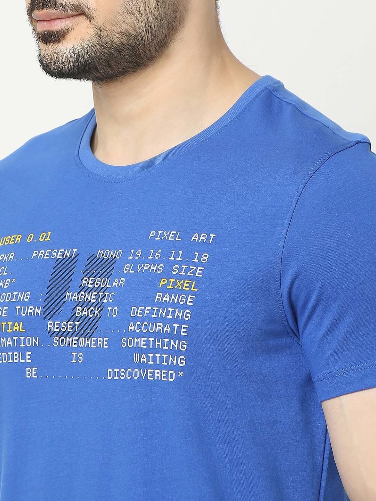 UnderJeans by Spykar Royal Blue Regular Fit Printed Cotton Crew T-Shirt