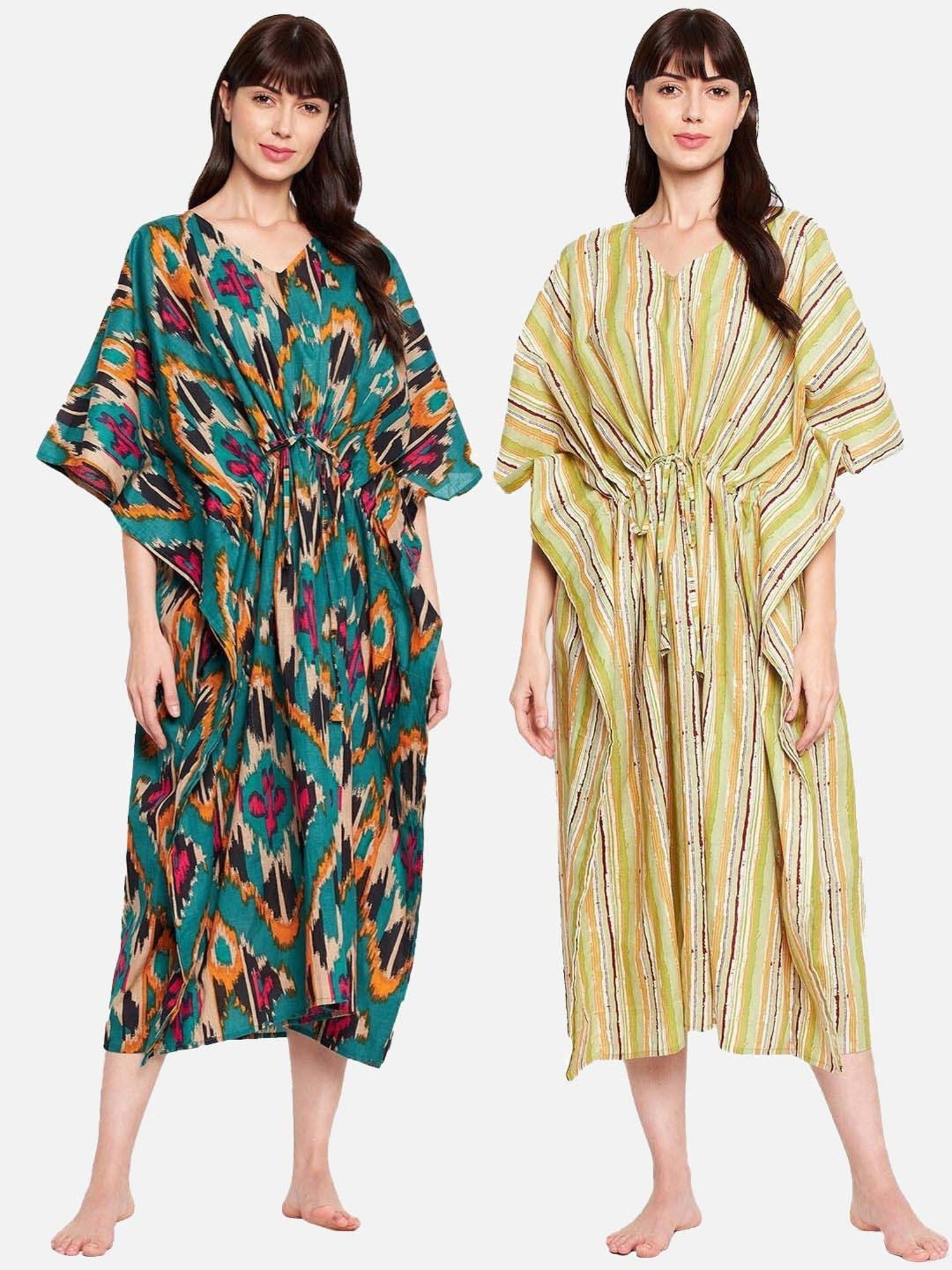 Secrets By ZeroKaata Green & Blue Cotton Printed Kaftan - Pack Of 2