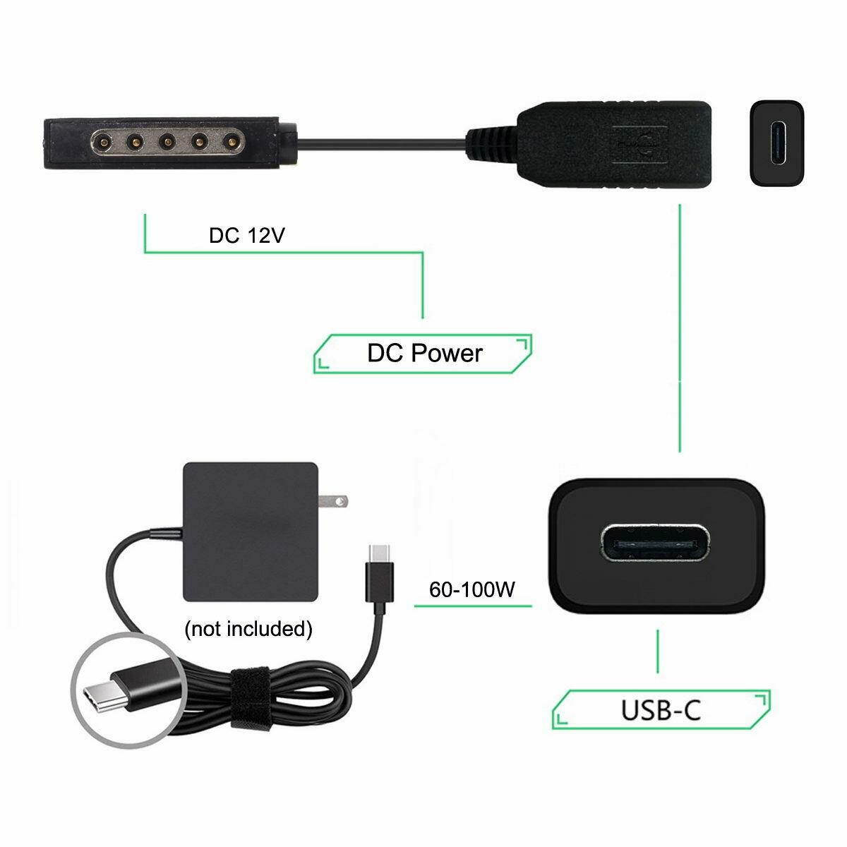 DC 12V USB Type-C USB-C Female to Surface Pro1 Pro2 Charge Cable Adapter 0.3m