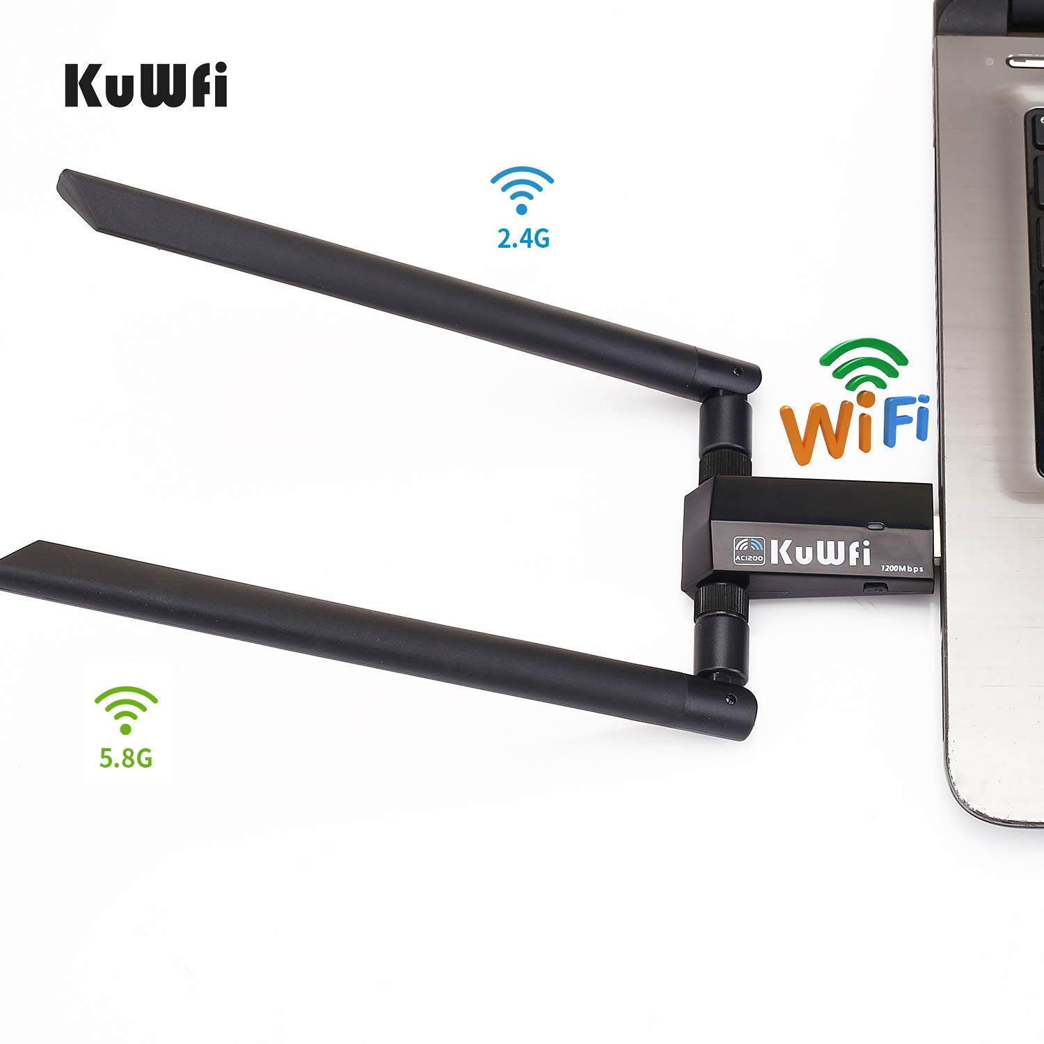 KuWFi USB WiFi Adapter AC 1200Mbps Wireless Network Dual Band 5GHz and 2.4GHZ High Gain for PC Desktop TVbox with 2x5dBi Antenna