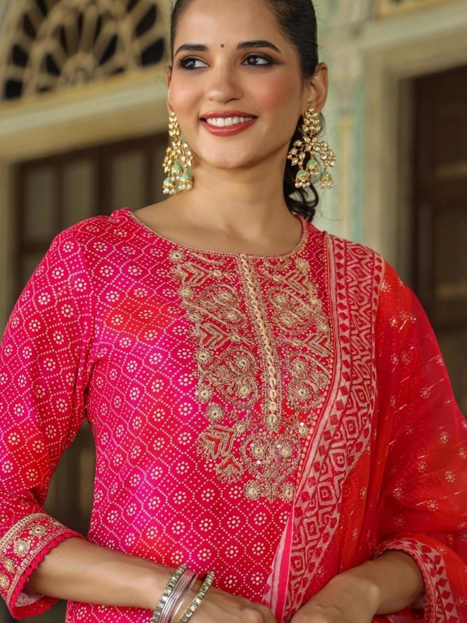 Scakhi Pink German Rayon Bandhani Print Kurta with Palazzo and Dupatta With Potli