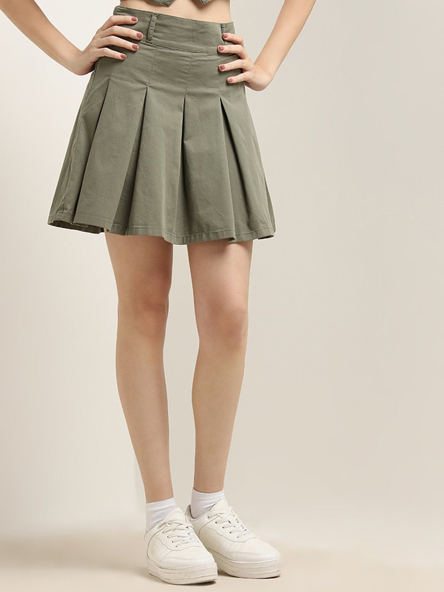 Nuon by Westside Olive Pleated High-Rise Cotton Blend Skirt
