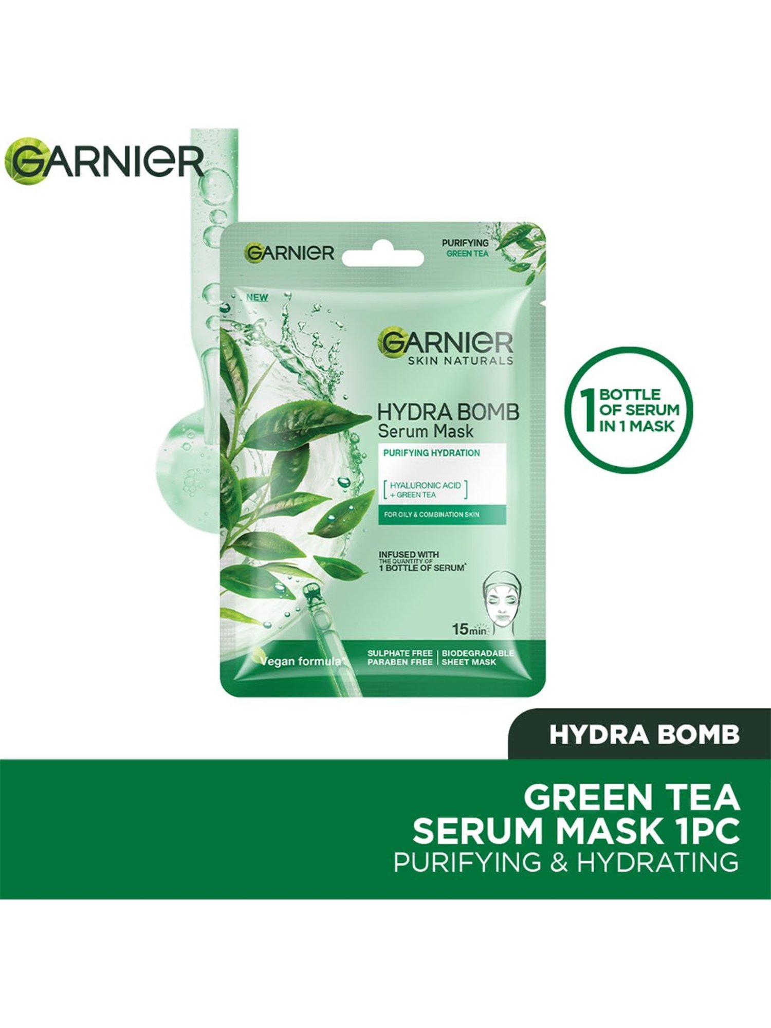 Garnier Skin Naturals Hydra Bomb Green Tea Face Serum Sheet Mask - 28 gm