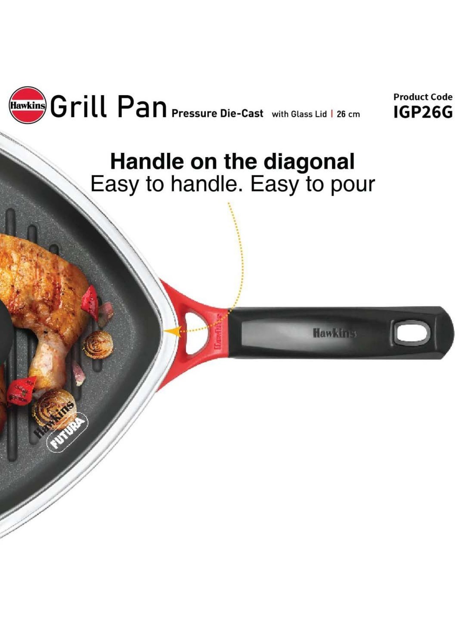 Hawkins Red Ceramic 26 cm Die Cast Square Grilling Pan With Glass Lid (Igp26G) (1.18 L)