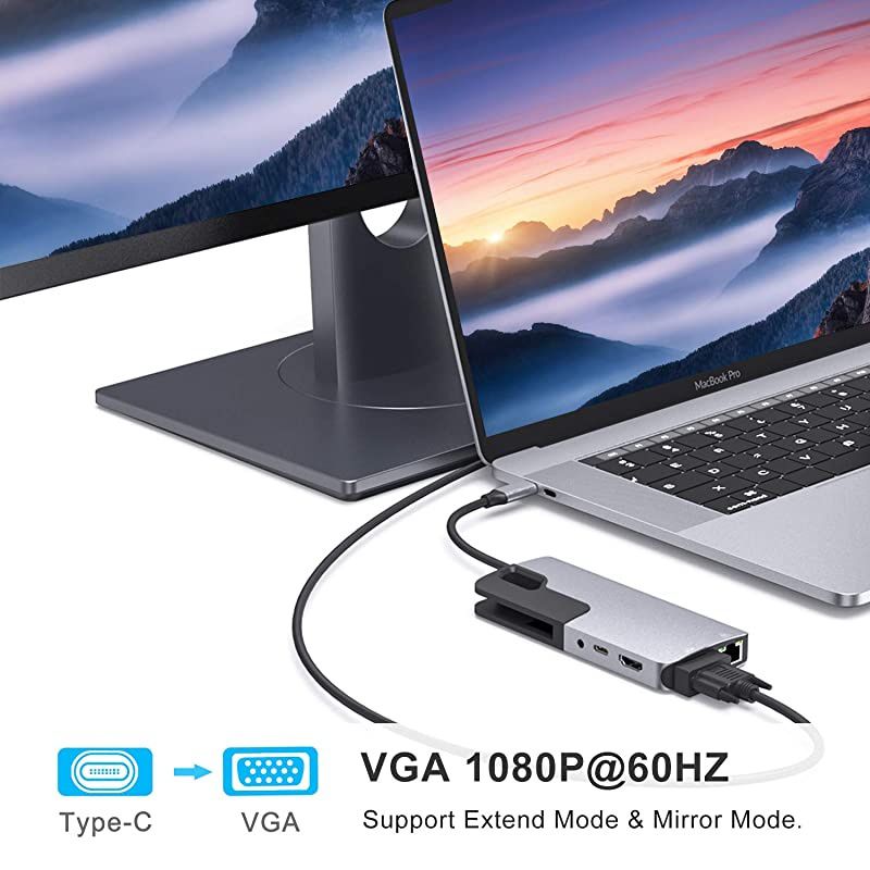 C Hub Adapter for MacBook Pro Thunderbolt 3 Adapter10in1 C Dongle with Gigabit Ethernet C to HDMI VGA Adapter100W Power Delivery3 30 SD TF Card ReaderThrough Port Adapters