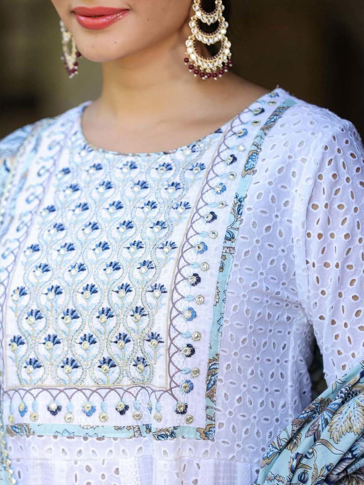 SCAKHI Pearl White Cotton Embroidered Kurta Pant Set With Dupatta