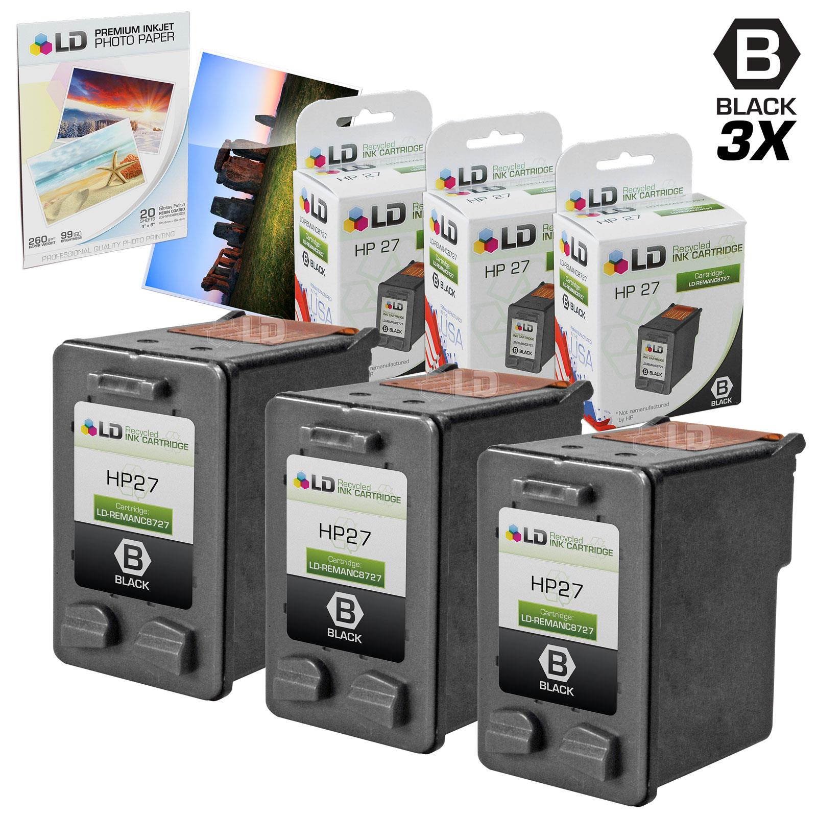LD &copy; Remanufactured Replacement for Hewlett Packard (HP 27) C8727AN Set of 3 ink Cartridges & FREE 20pk of LD 4X6 Photo Paper
