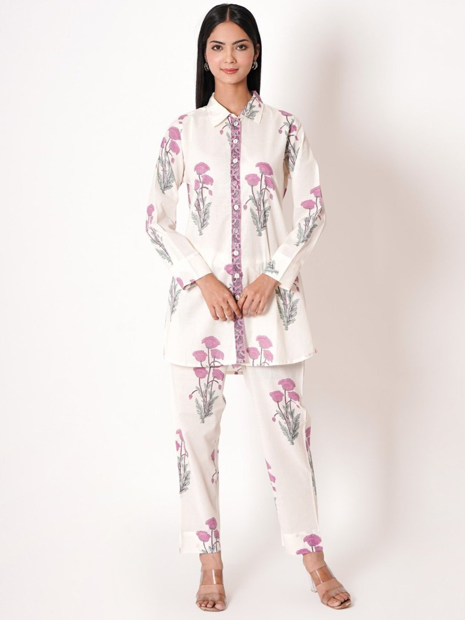 Kameez by Pooja White Handblock Floral Print Cotton Co-ord Set (Set of 2)