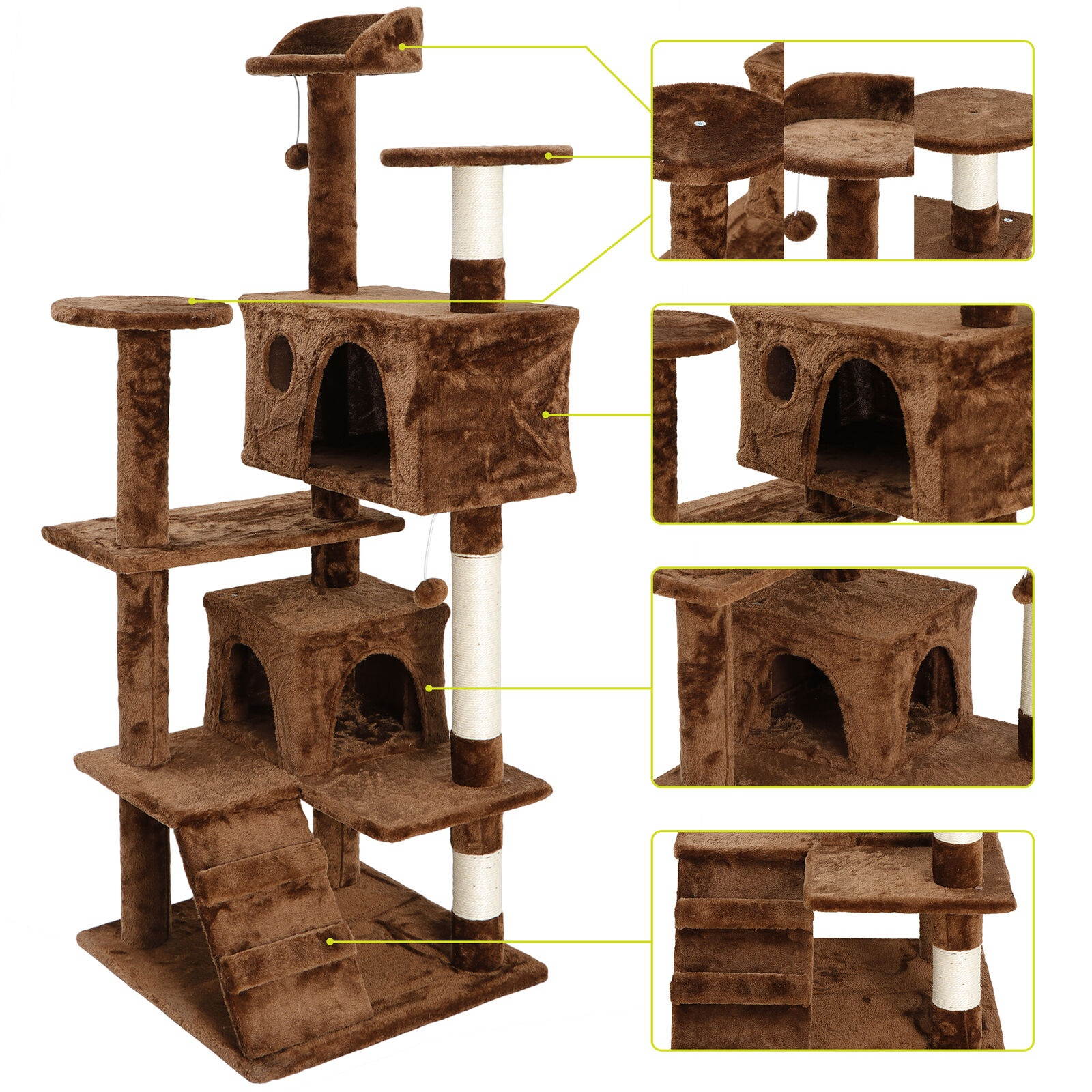53" Brown Large Cat Tree Activity Scatch Tower Play House Plush Perch w/Ladders