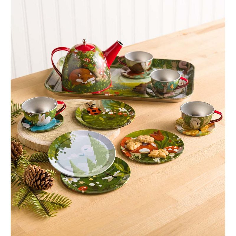 HearthSong 15-Piece Woodland-Themed Tin Tea Set with Carrying Case for Kids