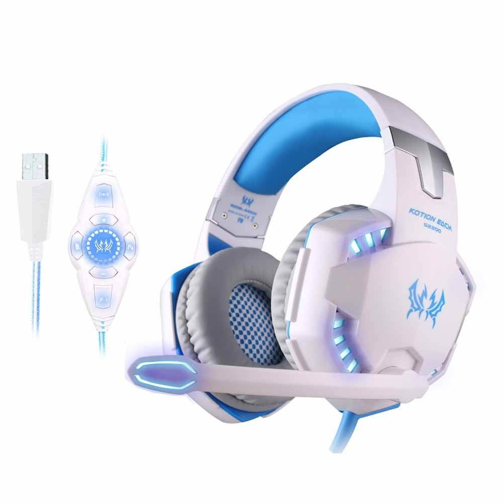KOTION EACH G2200 USB Hi-Fi Speaker 7.1 Virtual Surround Sound Vibration Gaming Headphone Computer Headset Earphone Headband LED Flashlight Microphone In-Line Controller (White)