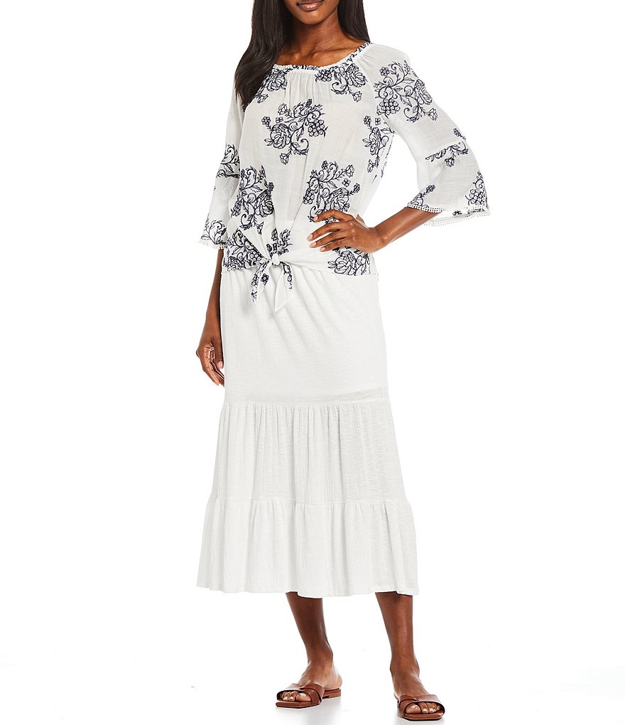 I.N. Studio Floral Embroidered Gauzy Round Neck 3/4 Flounce Sleeve Peasant Top